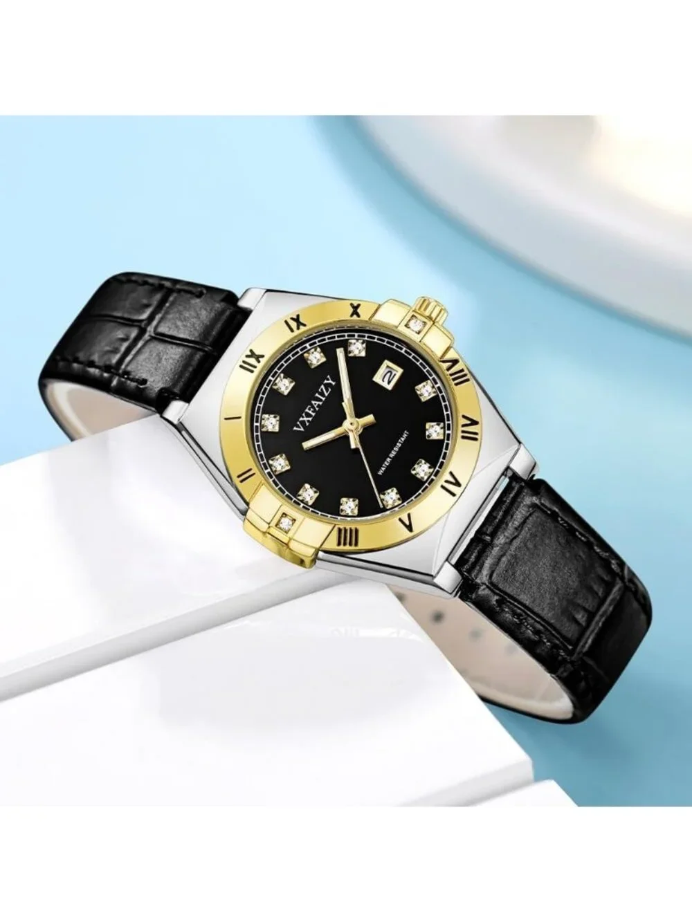 Women's Silver Black Crystal Diamond Dial Genuine Leather Strap Wrist Watches